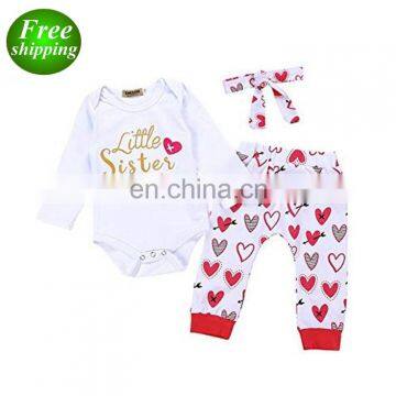 "Little Sister" 2019 Baby Rompers Outfits & kids Hearts full print pants & headband 3pc set