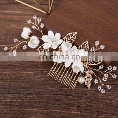 Luxury Blue Flower Hair Combs Headdress Prom Bridal Wedding Hair Accessories Gold Leaves Hair Jewelry photo-3