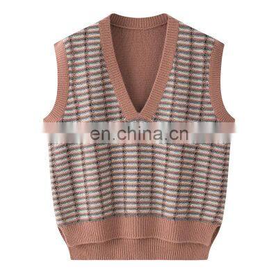 New Fashion Solid Jacquard Pattern Sleeveless Cashmere Vest Deep V Neck Woolen Outer Wear with Embroidered Logo Knitted Style