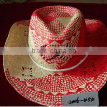 red raffia cowboy straw hats with hollowed-out design