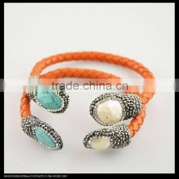 LFD-B0023 Wholesale Popular Turquoise Stone & Pearl Pave Rhinestone Crystal Orange Leather Cuff Bangles Bracelet Jewelry Finding