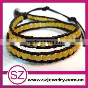 Fashion jewelry leather double wrap bracelet with yellow jade beads