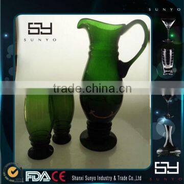 Green Glass Water Jug and Tumbler Set with Handle