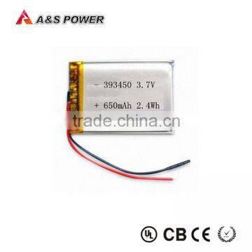 Rechargeable 393450 polymer li-ion battery 3.7v 650mah cell with pcm and wires