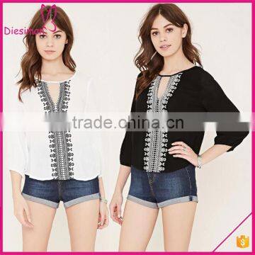 Fashion back cut out woven embroidered blouse new 2016