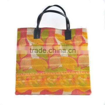 Most Beautiful Vintage Kantha Designer Leather Handle Shopping Bags