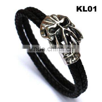 Black Leather Braided Wristband Tibetan Silver Clasp Men Punk Skull Bracelet