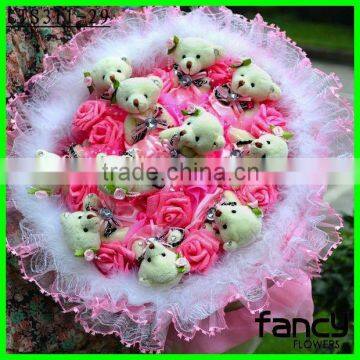 Wholesale gift 9 pink flower teddy bear bouquet