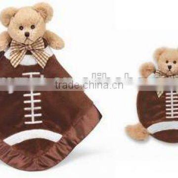 OEM soft bear shape baby play fotball blanket with toy / baby soft toy blankets