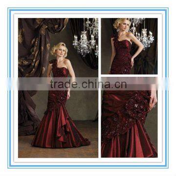 One-Shoulder Taffeta Mermaid Gown with Hand-Beaded Embroidered Shoulder Strap Red Mother of the Bride Dress (MOMO-3012)