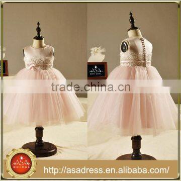 FL1005 illusion Pink Flower Girl Dresses Belt Girls Party Dresses Ankle Length Back With Bottons Little Bow For Weddings