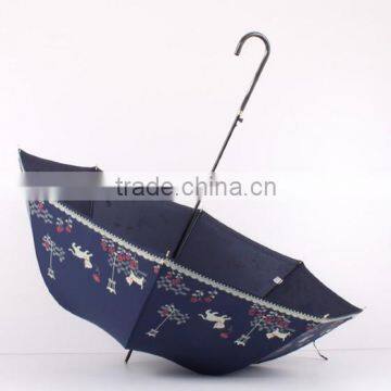 23 Inch Stick Crook Handle Silk Print Lady Umbrellas