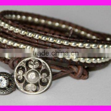 GZKJL-BL0183 Silver Beaded Bracelet Vintage Charm 3x Leather Wrap Bracelet