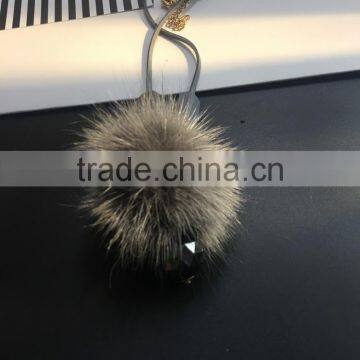 Winter Mink Fur Ball Pendant Necklace Geometric Bead Suede Leather Necklace Velvet Leather Necklace