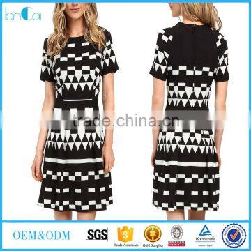 2017 latest ladies fashion round neck short sleeve abstract print office dress