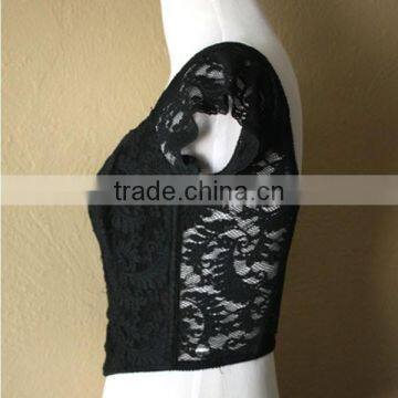 Hot Sexy Girl With Cap Sleeve Custom Black Lace Crop Top photo-3