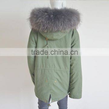 Myfur Customized Army Green Shell Parka Coat With Real Fur Hooded Faux Fur Lining photo-5