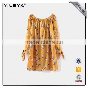 2017off Shoulder Long Sleeve Floral Printed Dress Loose Yellow Dress photo-2