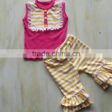 QL-331 yellow and white stripe ruffle shorts and sleeveless top with bib baby clothing set 2016