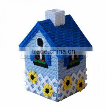 Plastic & Cotton Cross Stitch Tissue Box Blue House Flower Pattern 20cm x 11.5cm,1Set