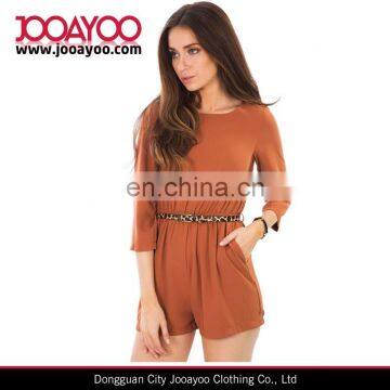 Long Sleeve Culottes Shorts Ladies Tan Playsuits Jumpsuits with Leopard Belt
