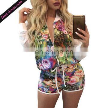 Wonderland Sexy Clubwear Open Front Dye Floral Long Sleeve Short Sets