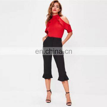 lady clothes custom plain red frill cold shoulder women sexy tops bodysuit