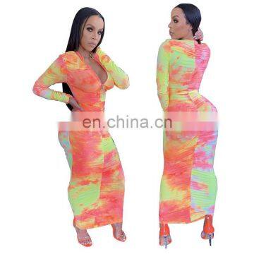 Autumn Women Tie Dye Print Long Sleeve Zipper Up Stacked Bodycon Midi Maxi Dress Streetwear Sexy Club Party Long Dresses photo-2