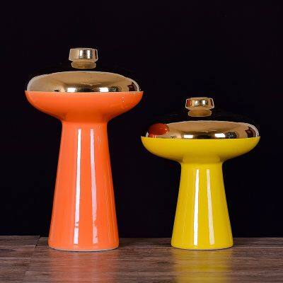 European Style Light Luxury Gild Red Yellow Ceramic Mushroom Bottle Decor For Hallway photo-2