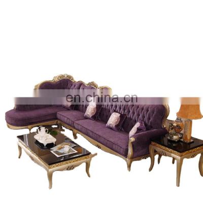 Purple Italian antique luxury 1+3+chaise velvet cover living room sofa sets wooden furniture