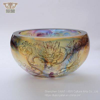Handmade Casting Art Glass Chinese Dragons Treasure Bowl Fengshui Ornaments photo-3