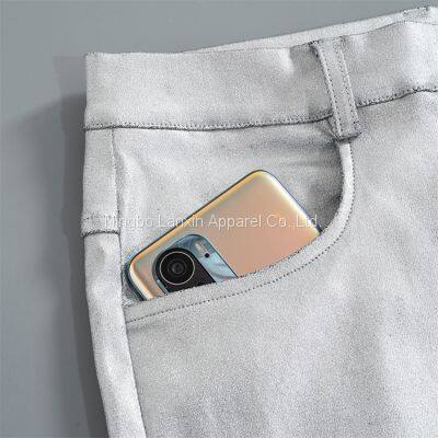 Women Metallic Silver Flare Pant Belted Wide Leg Low Rise Iridescent Flare Jeans photo-5