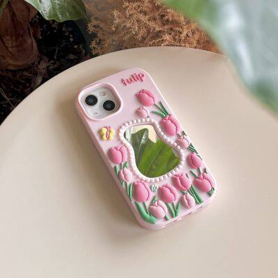 Pink Tulip Mirror Silicone Case IPhone 15 14 13 Pro Max Shockproof Case Back Cover photo-4