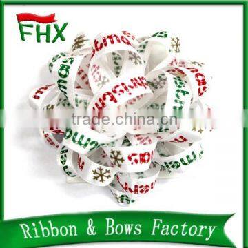 Wholesale christmas and snow printed white ribbon bow pre-made ribbon bow for gift packing