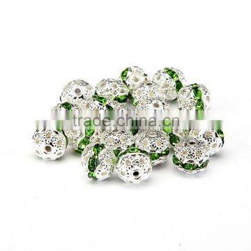 Nice 8mm Peridot Color Metal Style #1 Caystal Rhiestone Ball Shape Spacer Beads Silver Plated 20pcs Per Bag