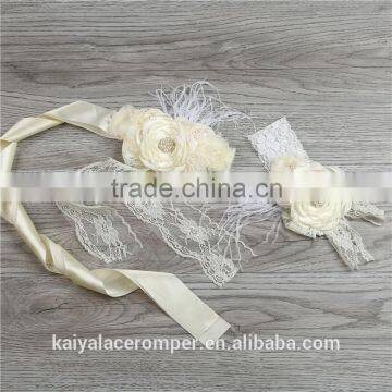 Girls new flower cream headband & sash,factory Wholesale,new fashion Baby Photo Prop