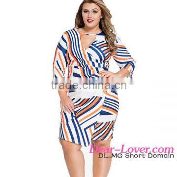  Hot Cheap Women Clothing Multi Stripe Keyhole Wrap Sexy 3XL Plus Size Dress