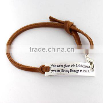 Custom jewelry OEM factory leather cord bracelet with metal charm