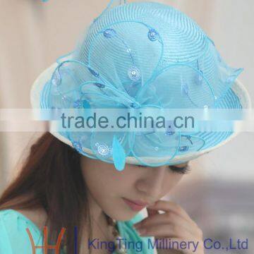 Womens Fancy Straw Hats Elegant Church Hat With Organza Flowers Trimming Onside photo-4