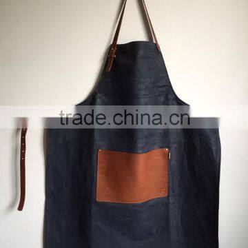 vintage selvedge denim woodworker apron with leather pocket and strap