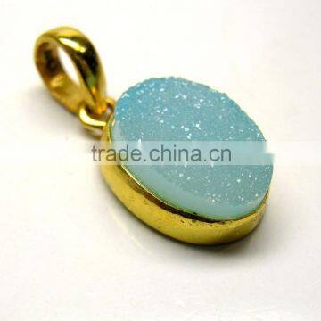 Blue Colored Druzy Oval Gemstone Pendant, 925 Solid Sterling Silver Pendants, Designer Vermeil Bezel Pendant