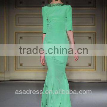 2014 New Style Chiifon Bateau Mermaid Gown with Sequins on the Neckline Lime Green Evening Dress (EVGH-1012)