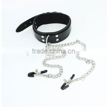 leather PU collar with nipple clamp sex toy for couple