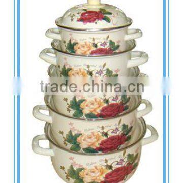 Cream Full Decal Enamel Cookware Set 5 Pcs Stock Belly Pot With Lid