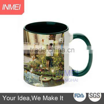 customized logo ceramic mugs 11oz inner and handle color mug with high quality, dark green