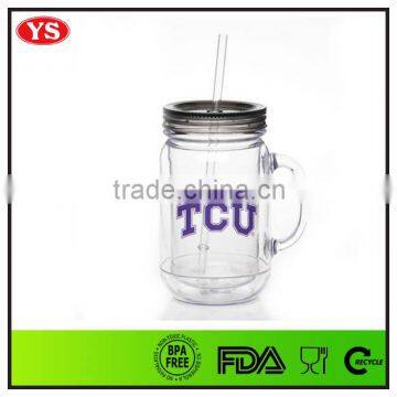 20oz clear double wall acrylic mason jar tumbler with handle and straw