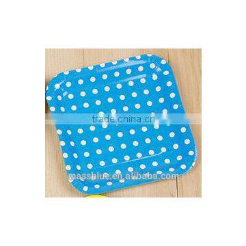 Blue color square shape paper plate with white color dot