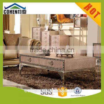 foshan cheapest stainless steel legs MDF coffee center tea table with drawers