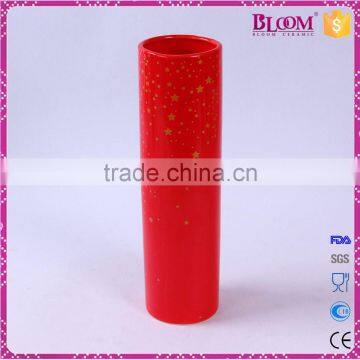 Simple Design Red Cylindrical Ceramic Tall Vase Flower photo-2