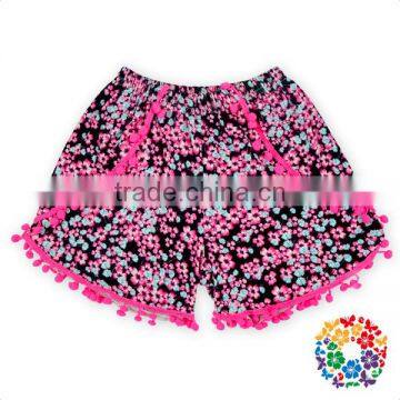 2016 New Arrival Cute Black White Strip Flowers Fabric With Hot Pink Pom Pom Pom Shorts For Girls photo-2